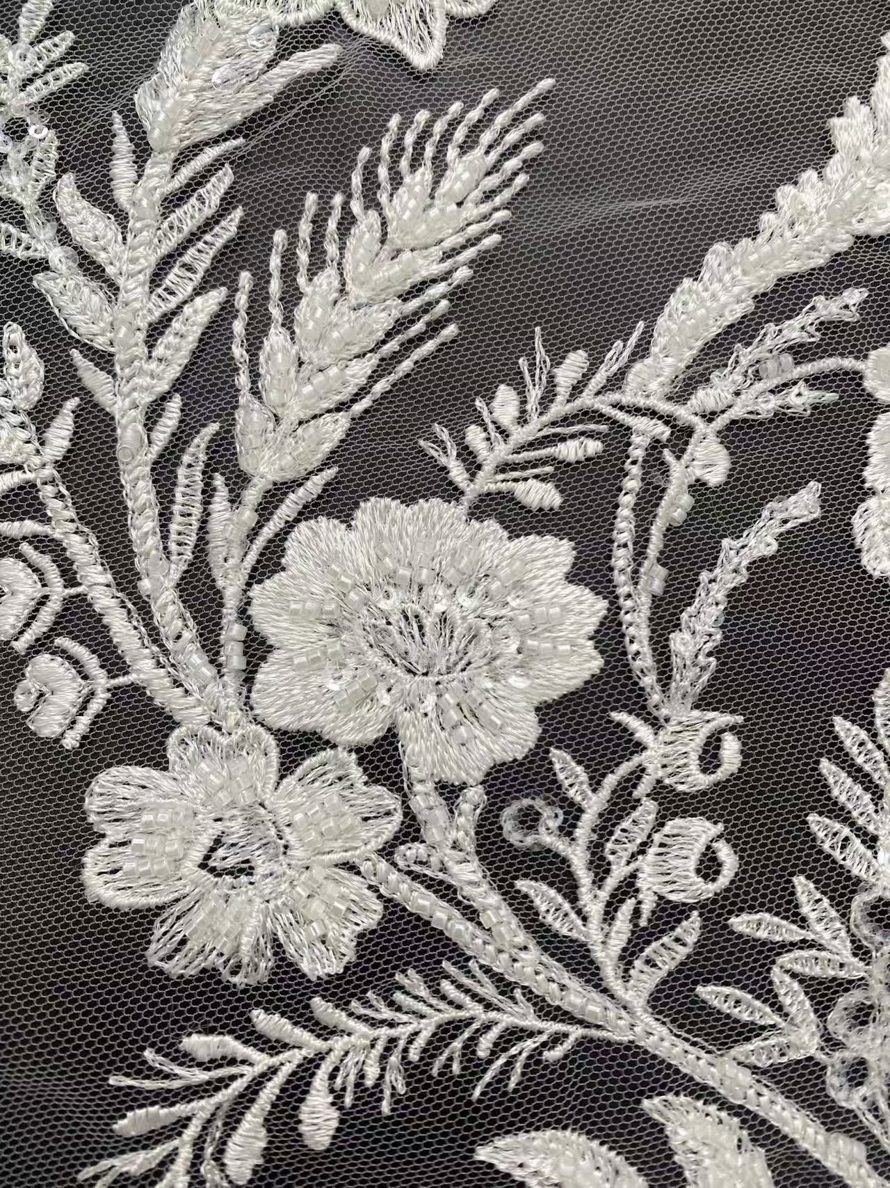 Ivory Bridal Embroidery Floral Lace Fabric, Delicate Floral Applique lace, Formal Dress Prom lace, Wedding Gown lace, rehearsal, by 1 yard