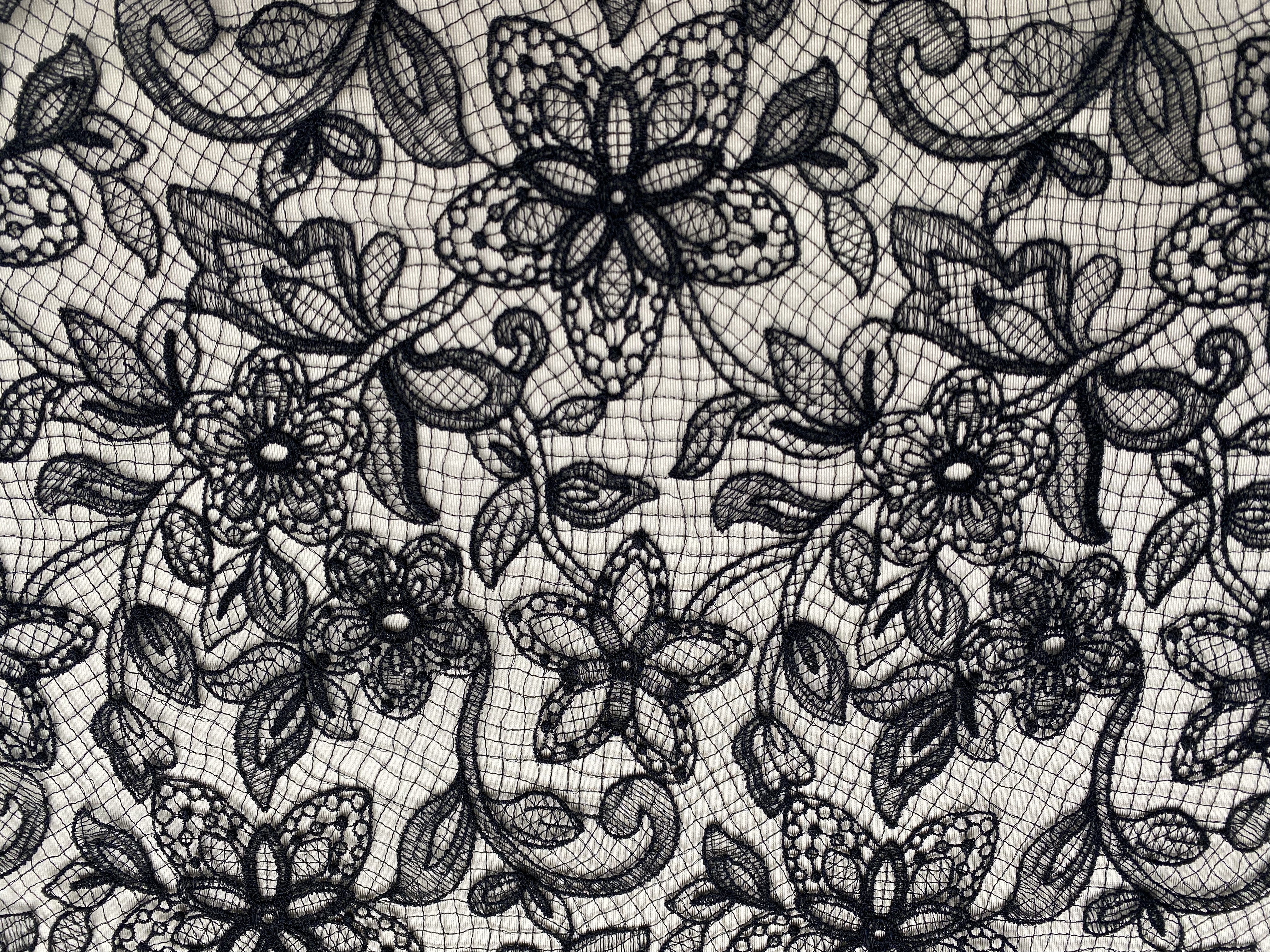 Black Chantilly lace fabric with cord, French bridal wedding lace, eyelash veil lace, scalloped floral lace, sold by 3 maters