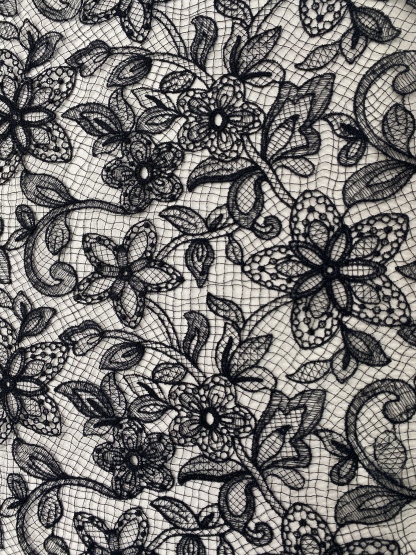 Black Chantilly lace fabric with cord, French bridal wedding lace, eyelash veil lace, scalloped floral lace, sold by 3 maters