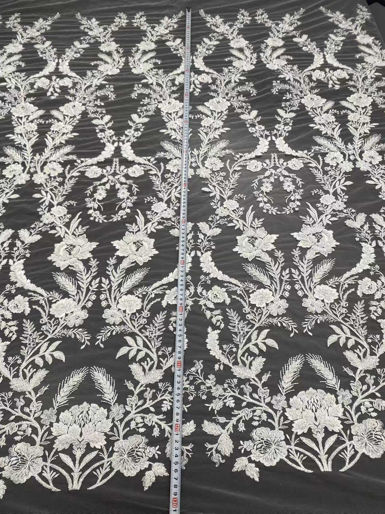 Ivory Bridal Embroidery Floral Lace Fabric, Delicate Floral Applique lace, Formal Dress Prom lace, Wedding Gown lace, rehearsal, by 1 yard