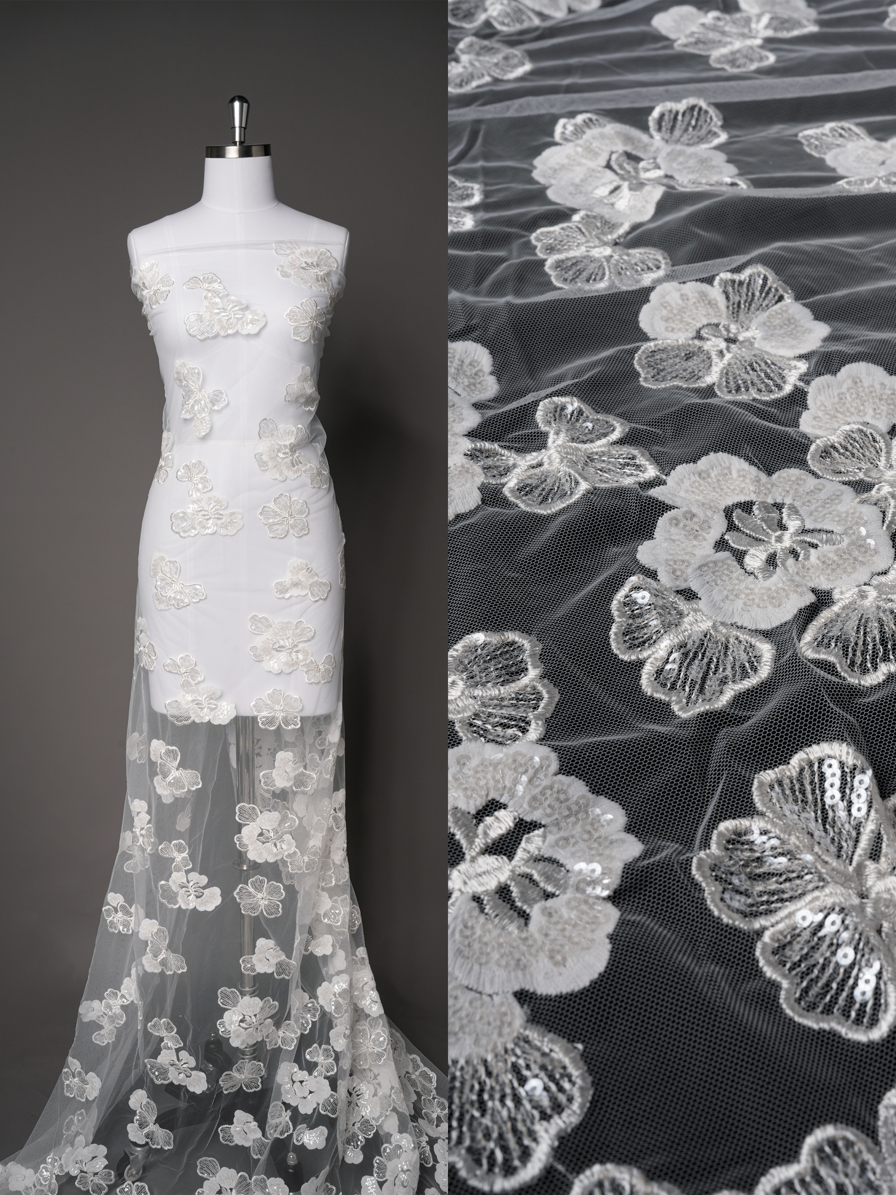 Sita Lace, sitalace, Lace Fabric, Feature Fabric, Tulle Fabric, Beaded Fabric, Sequined Fabric, Embroidery Fabric, Wedding Dress, Bridal Gown, Bridal Veil, Beads, Sequins, Feather Fabrics, Feather, 3D Flowers, Floral, Blossom Flowers, Flower Petal,