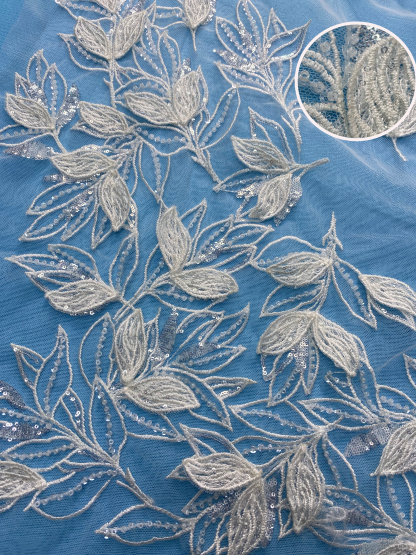 Ivory Tulle Fabric! Adorned with Delicate Leaf Embroidery & Sparkling Sequins. Ideal for Wedding Dresses/Elegant Garments. High-Quality Craftsmanship—Shop This Stunning Material Now!