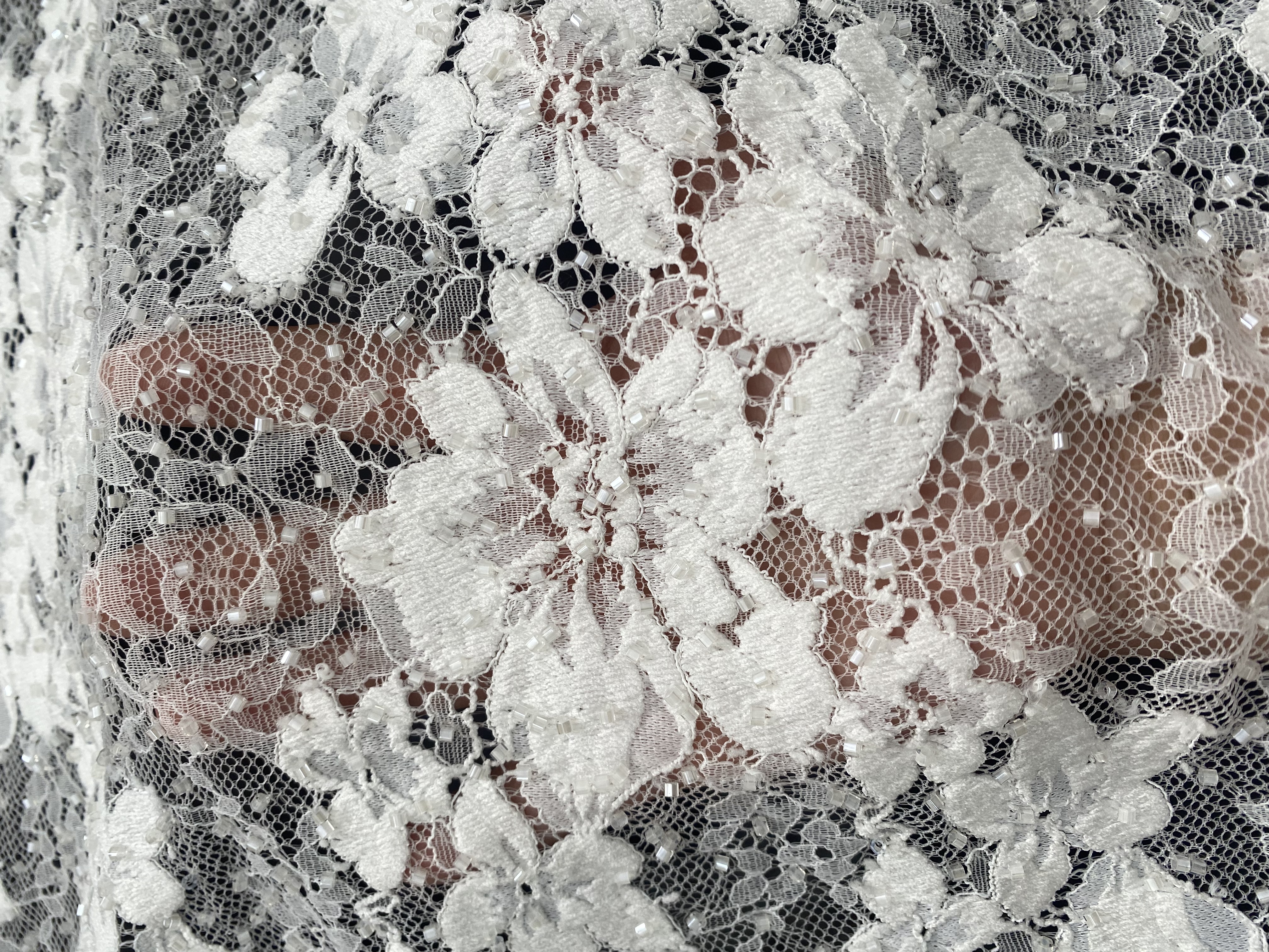 Beaded Flower Lace Fabric in Ivory, Embroidery Floral Tulle Fabric, Mesh Tulle Fabric for Wedding Dress, Bridal Lace Fabric, Sold By the Yard