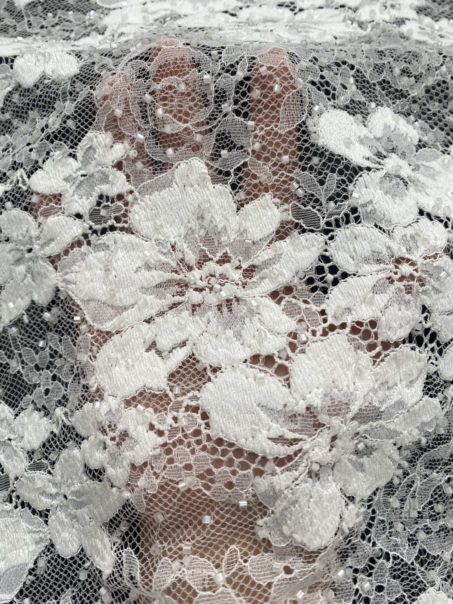 Beaded Flower Lace Fabric in Ivory, Embroidery Floral Tulle Fabric, Mesh Tulle Fabric for Wedding Dress, Bridal Lace Fabric, Sold By the Yard