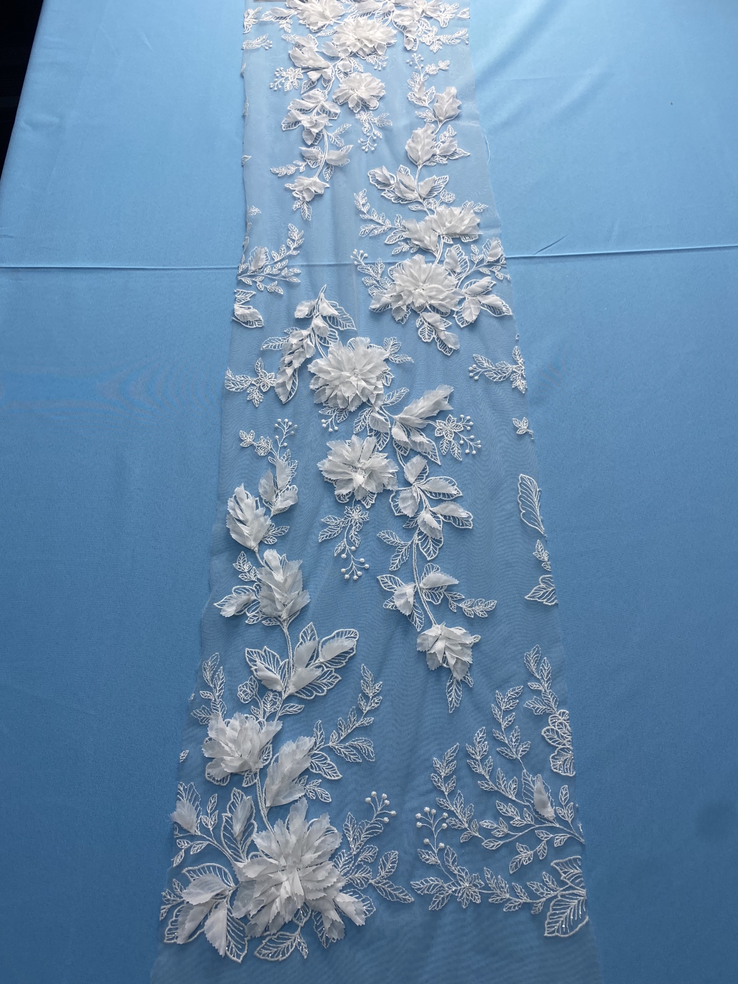 Ivory Fabric with Gorgeous 3D Flower Embroidery! Features Delicate Leaf Detailing, Perfect for Wedding Dresses/Elegant Evening Wear. Premium Craft—Shop Now!