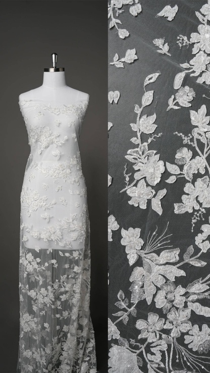 Sita Lace, sitalace, Lace Fabric, Feature Fabric, Tulle Fabric, Beaded Fabric, Sequined Fabric, Embroidery Fabric, Wedding Dress, Bridal Gown, Bridal Veil, Beads, Sequins, Feather Fabrics, Feather, 3D Flowers, Floral, Blossom Flowers, Flower Petal,