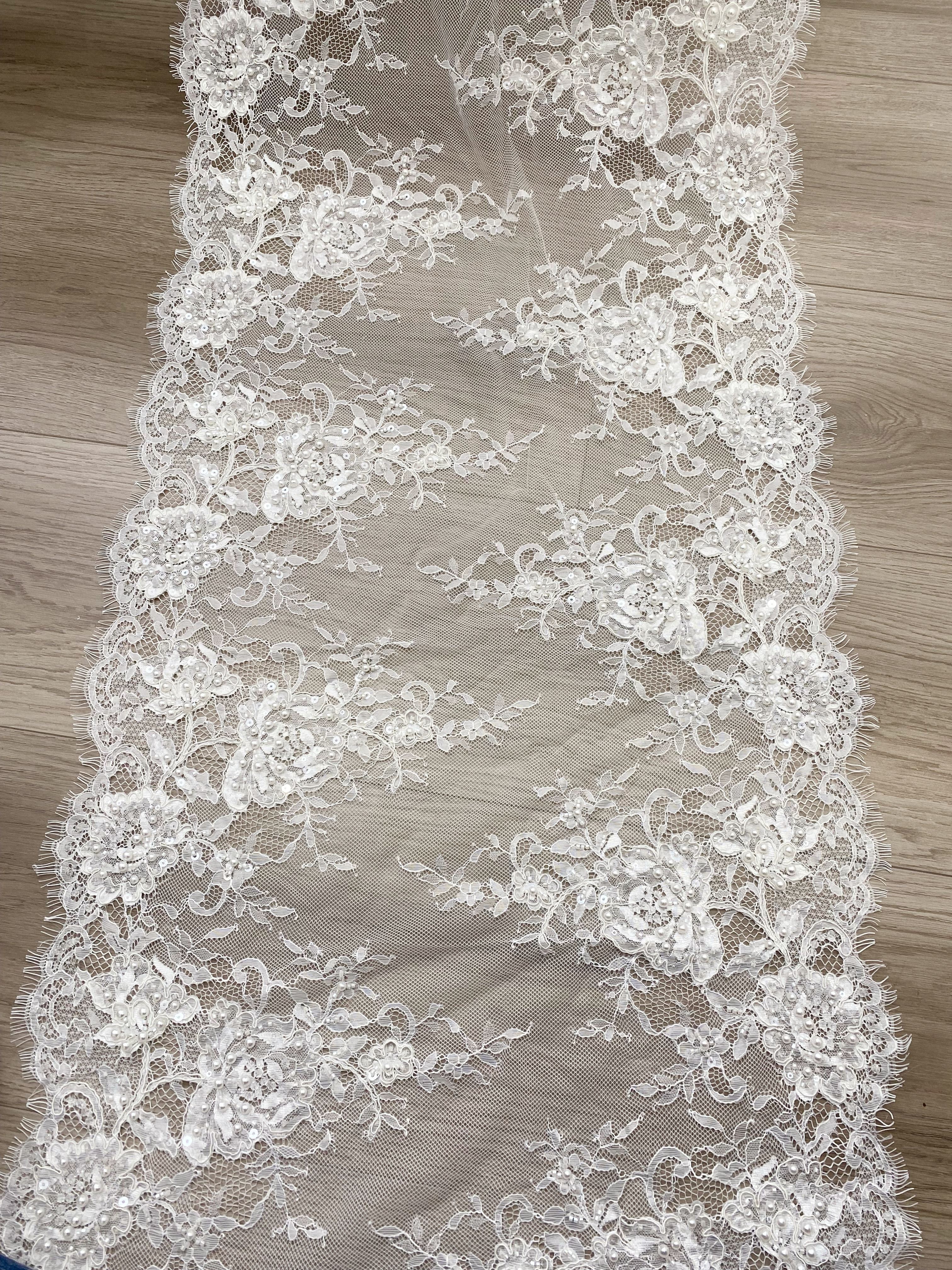 French Chantilly Lace Double Side Scalloped Beaded Lace Trim with Eyelash，Veil Lace Fabric, Bridal Wedding Accessories，Sold as 3-Meter Piece