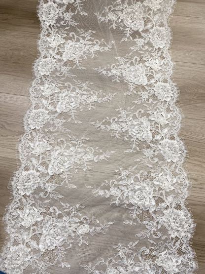 French Chantilly Lace Double Side Scalloped Beaded Lace Trim with Eyelash，Veil Lace Fabric, Bridal Wedding Accessories，Sold as 3-Meter Piece