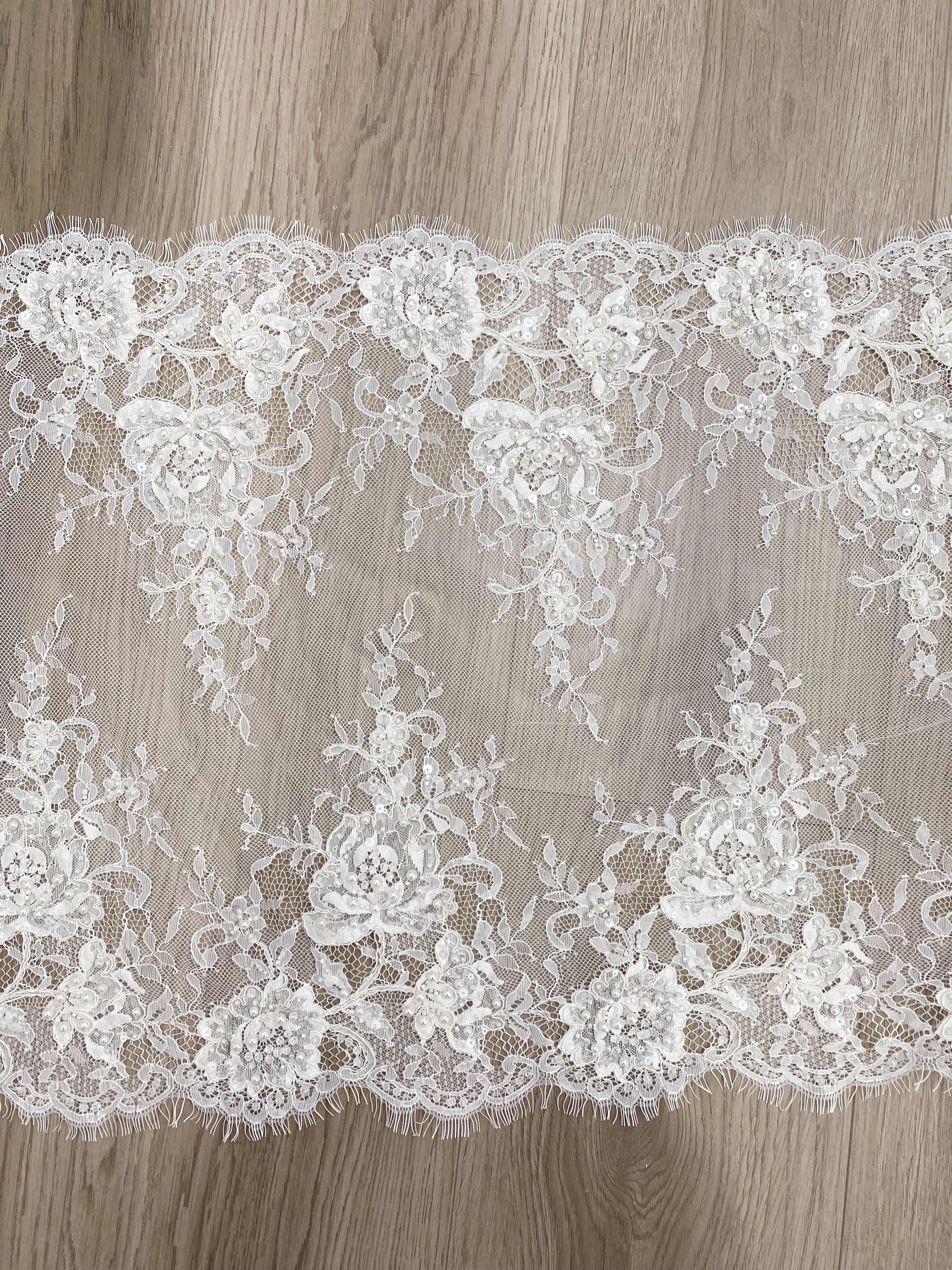 French Chantilly Lace Double Side Scalloped Beaded Lace Trim with Eyelash，Veil Lace Fabric, Bridal Wedding Accessories，Sold as 3-Meter Piece