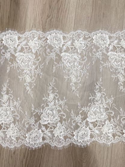 French Chantilly Lace Double Side Scalloped Beaded Lace Trim with Eyelash，Veil Lace Fabric, Bridal Wedding Accessories，Sold as 3-Meter Piece