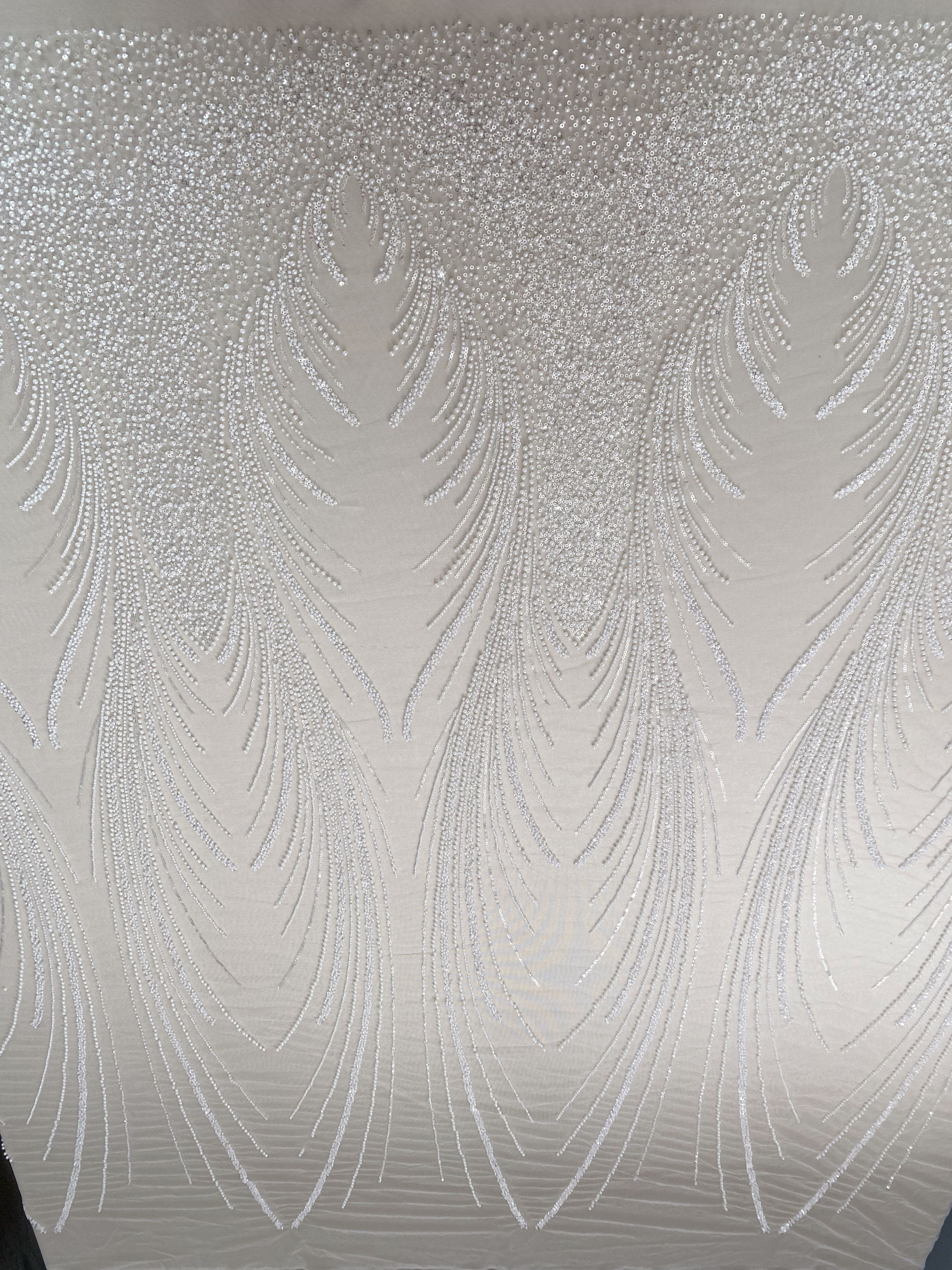 Heavy Beaded Lace Fabric with Lines, Stripe Embroidery Tulle Applique by the Yard, Sequin Lace for Bridal & Evening Wear,Wedding Dress
