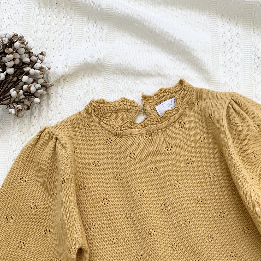 Girls' lantern sleeve hollow-out knitted sweater