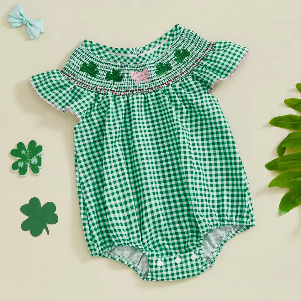 Baby Girl Four Leaf Clover Embroidered Romper
