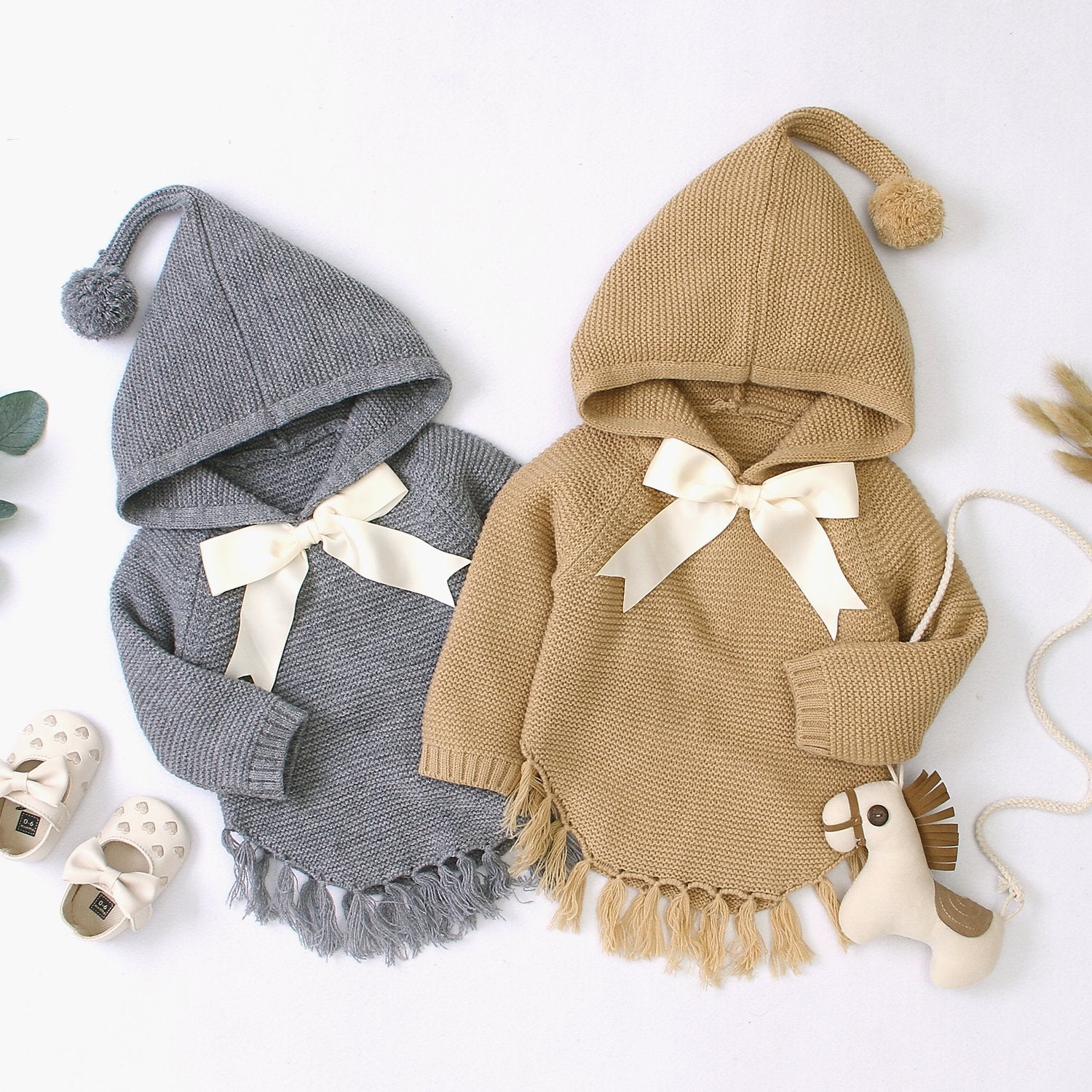 Baby Hooded Bow Knit Sweater.