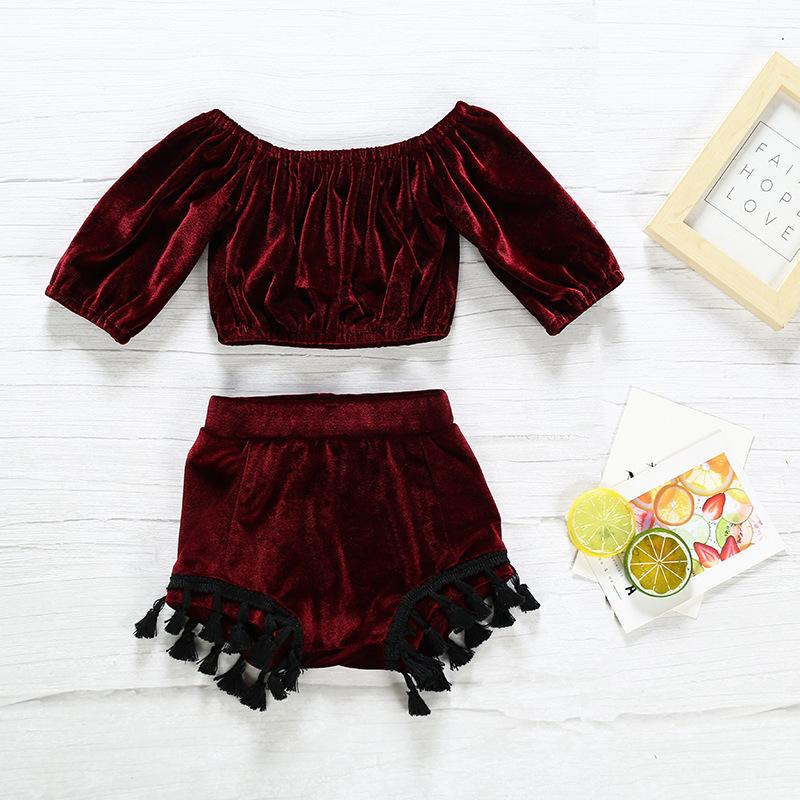 2-Piece Girls Velvet Off Shoulder Suit.