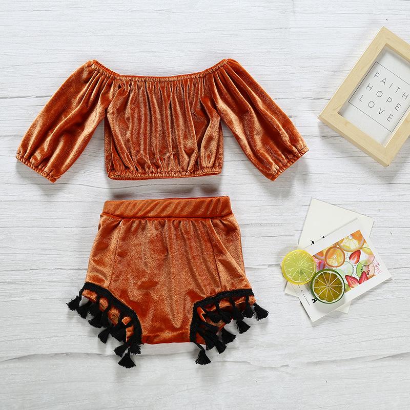 2-Piece Girls Velvet Off Shoulder Suit.