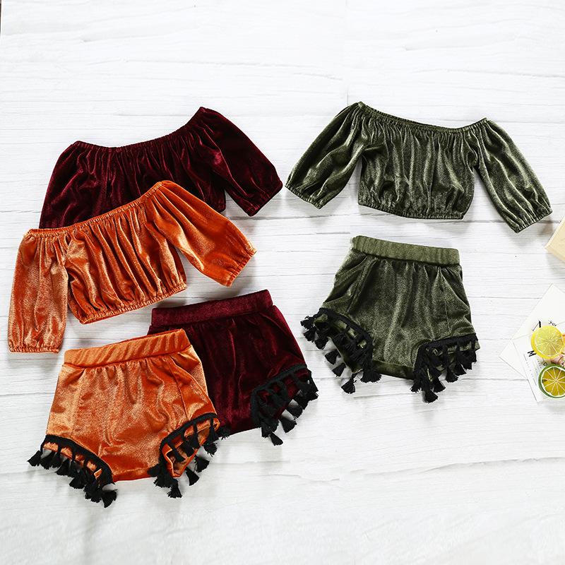 2-Piece Girls Velvet Off Shoulder Suit.