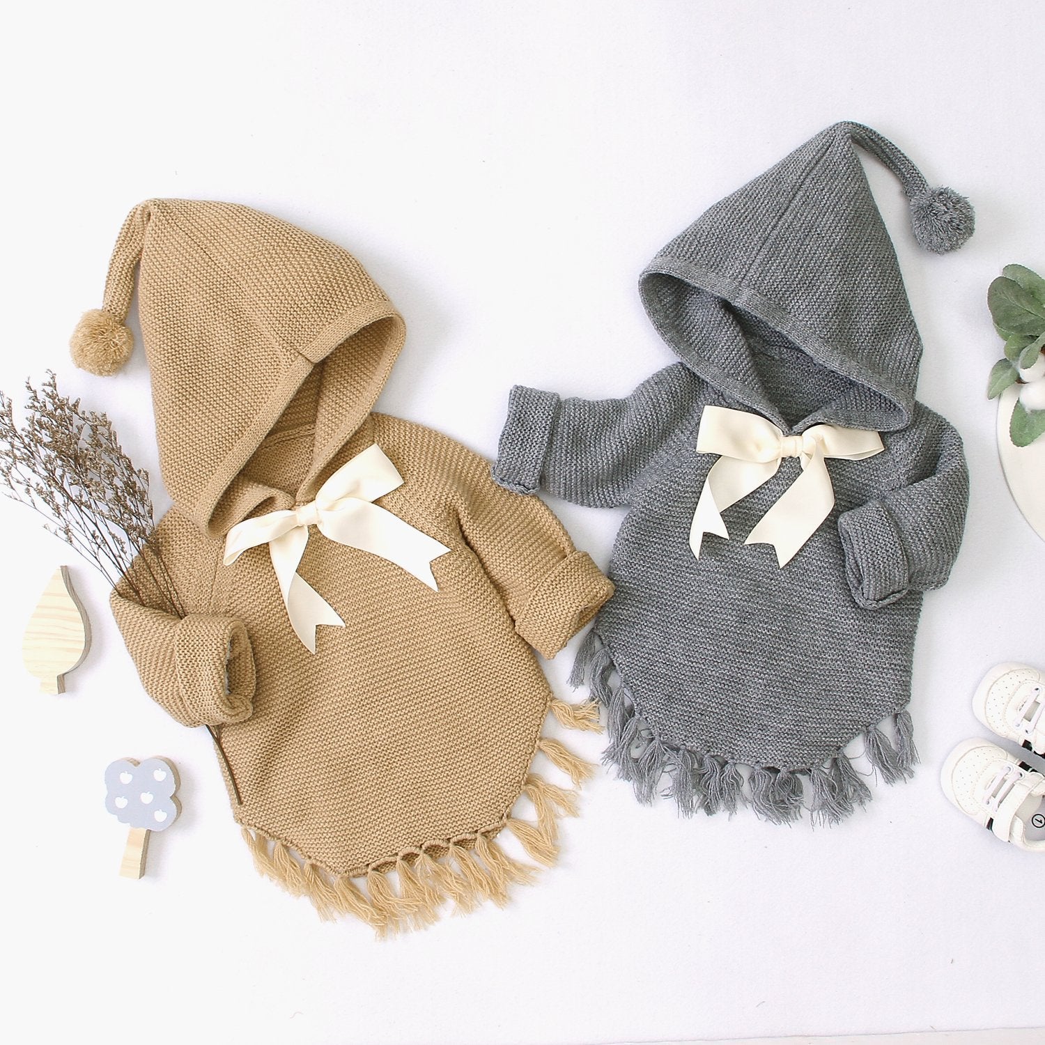 Baby Hooded Bow Knit Sweater.