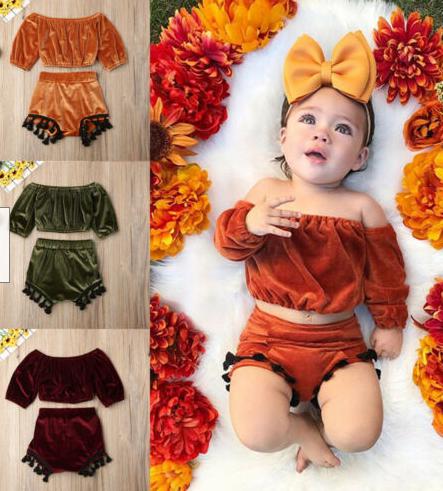 2-Piece Girls Velvet Off Shoulder Suit.