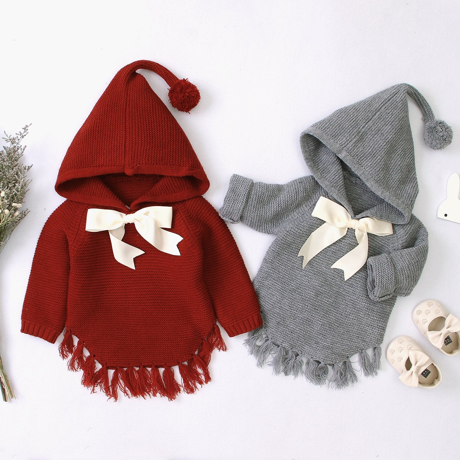 Baby Hooded Bow Knit Sweater.
