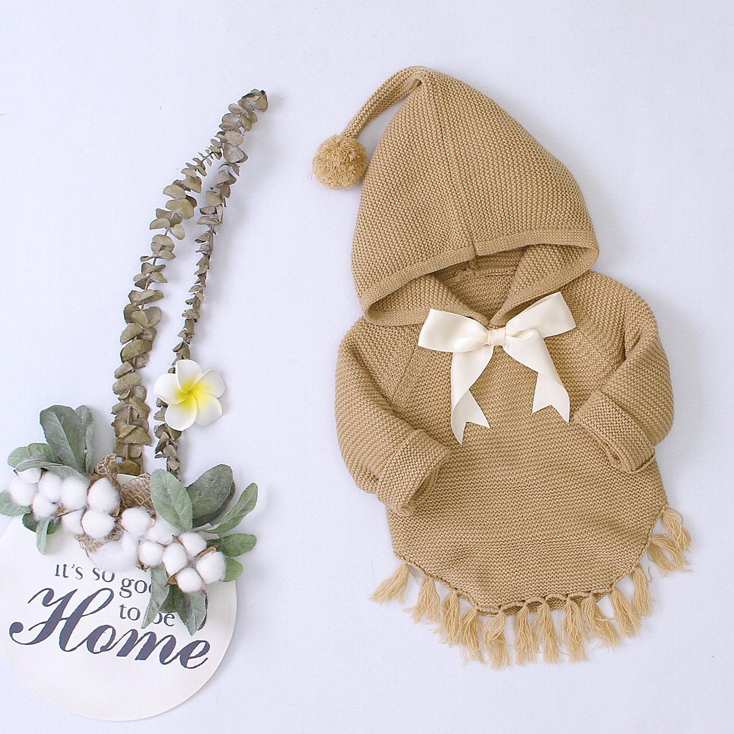Baby Hooded Bow Knit Sweater.