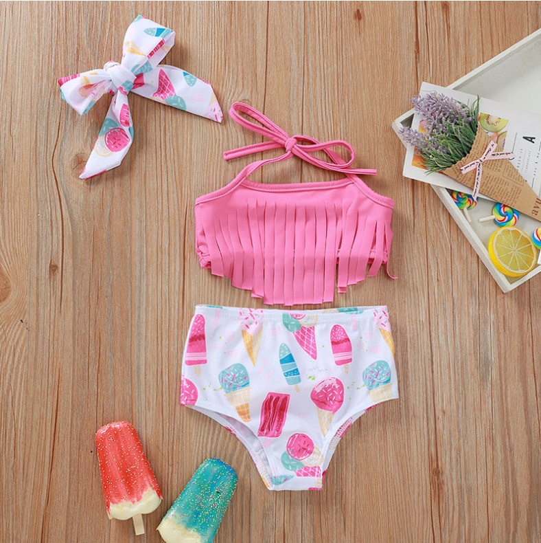 Ice Cream Print Tassel Sling Swimsuit.