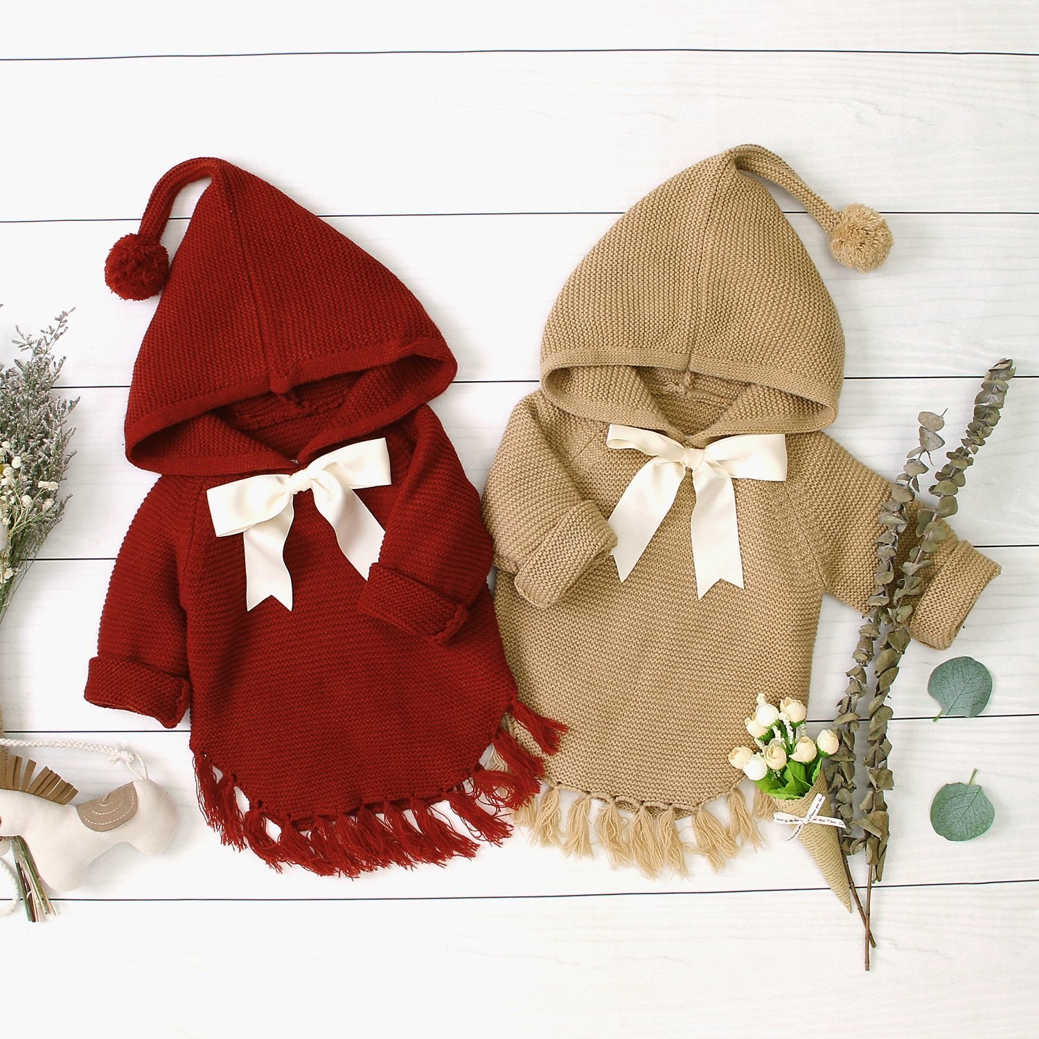 Baby Hooded Bow Knit Sweater.