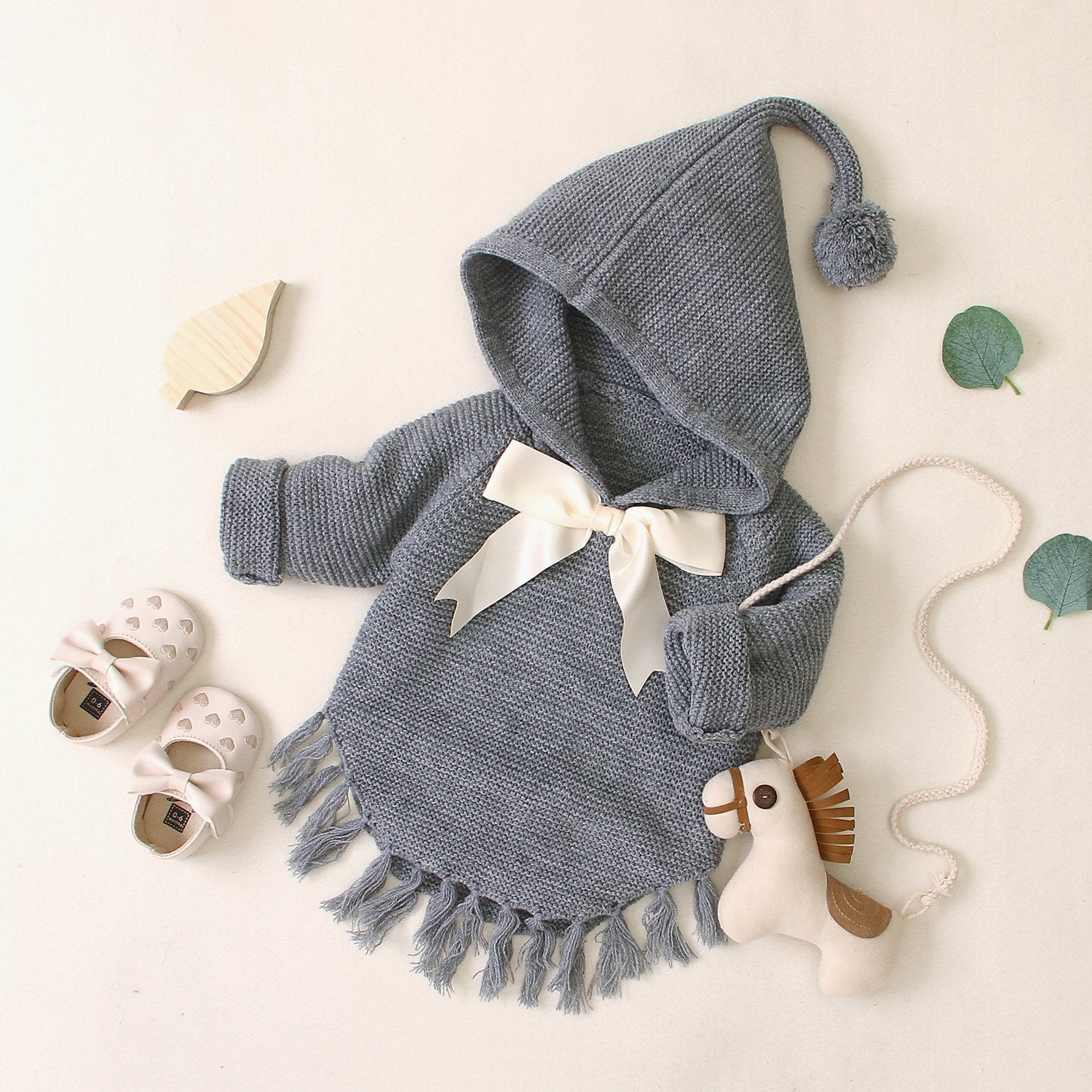 Baby Hooded Bow Knit Sweater.