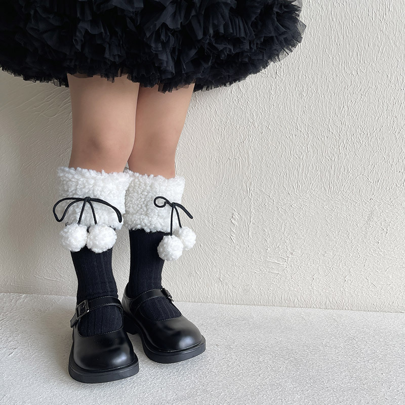 Girls' Lamb Wool Pom-Pom Mid-Calf Socks