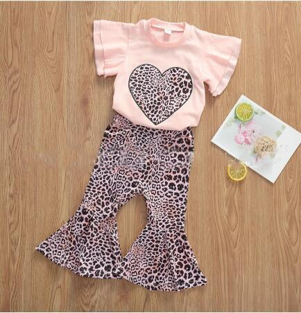 2-Piece Children Pink Leopard Flared Pants.