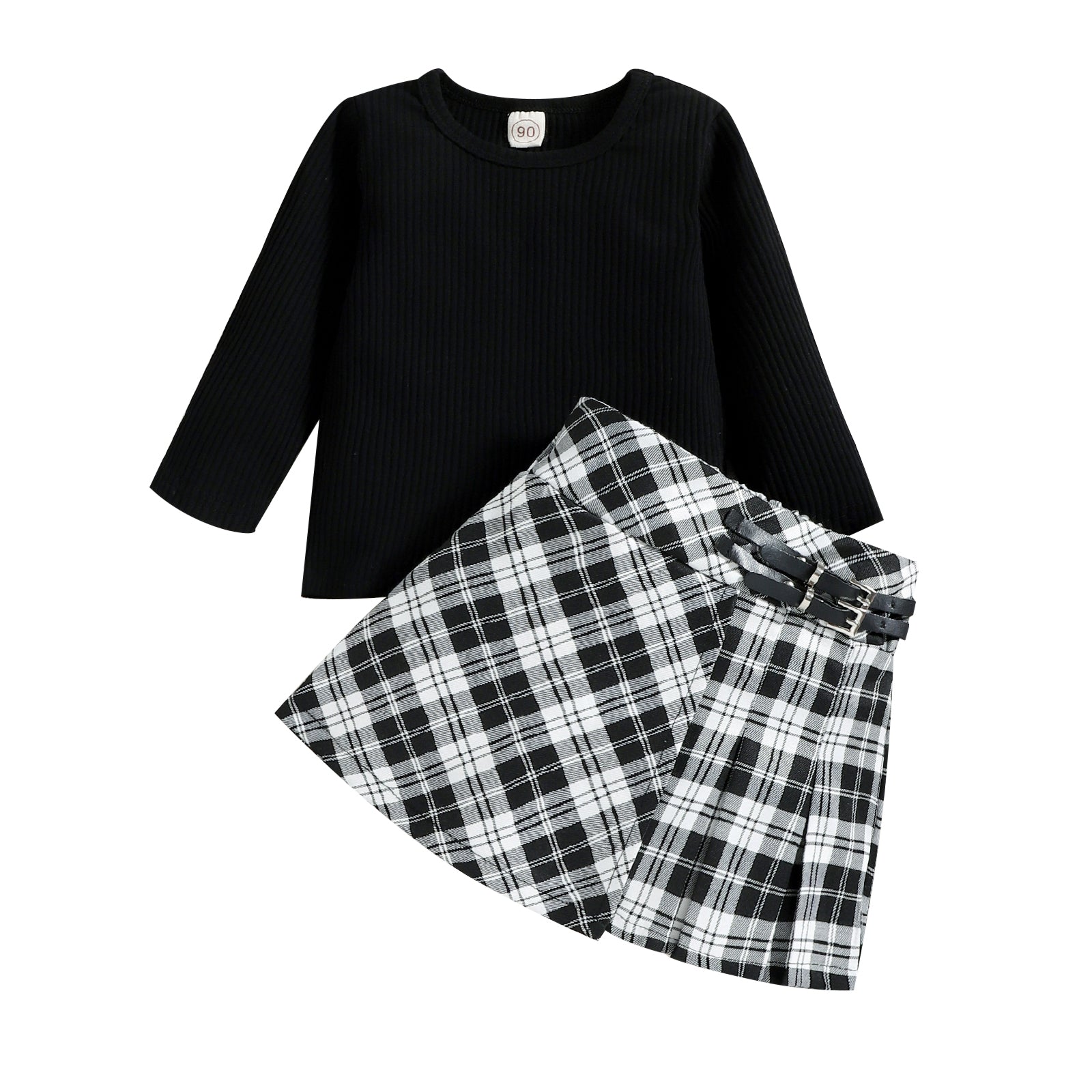 Baby Black Round Neck T-shirt + Plaid Skirt.