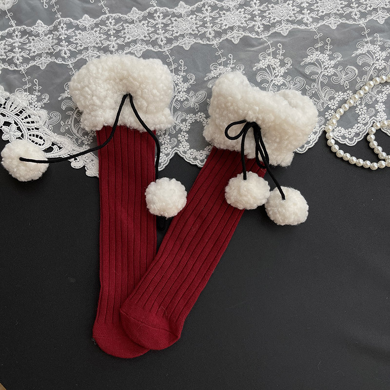 Girls' Lamb Wool Pom-Pom Mid-Calf Socks
