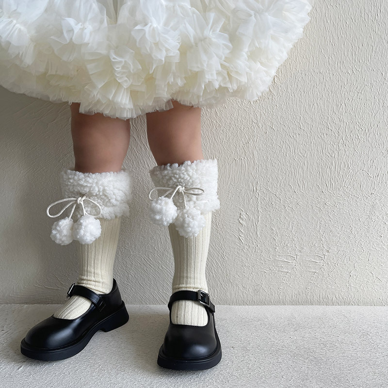 Girls' Lamb Wool Pom-Pom Mid-Calf Socks