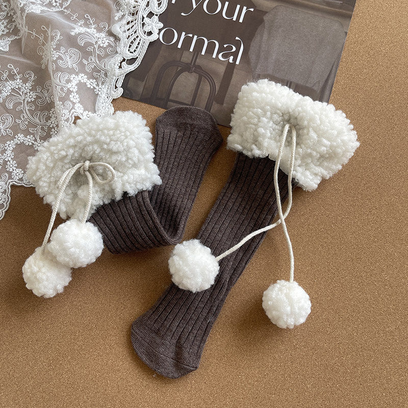 Girls' Lamb Wool Pom-Pom Mid-Calf Socks