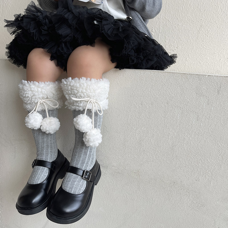 Girls' Lamb Wool Pom-Pom Mid-Calf Socks