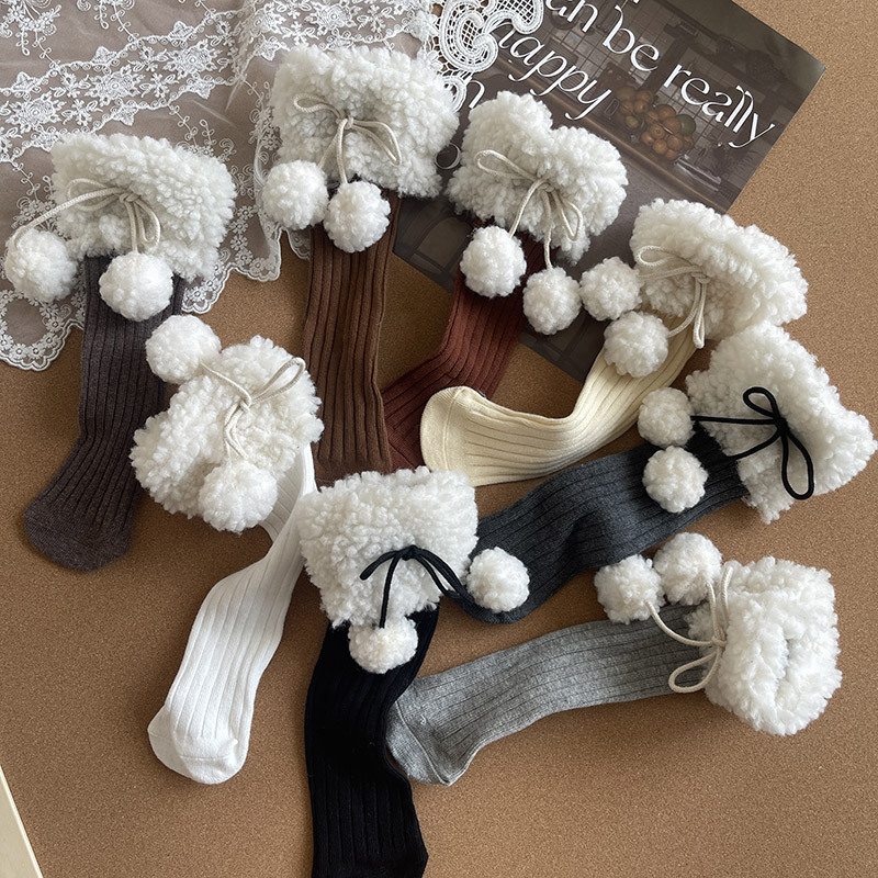 Girls' Lamb Wool Pom-Pom Mid-Calf Socks