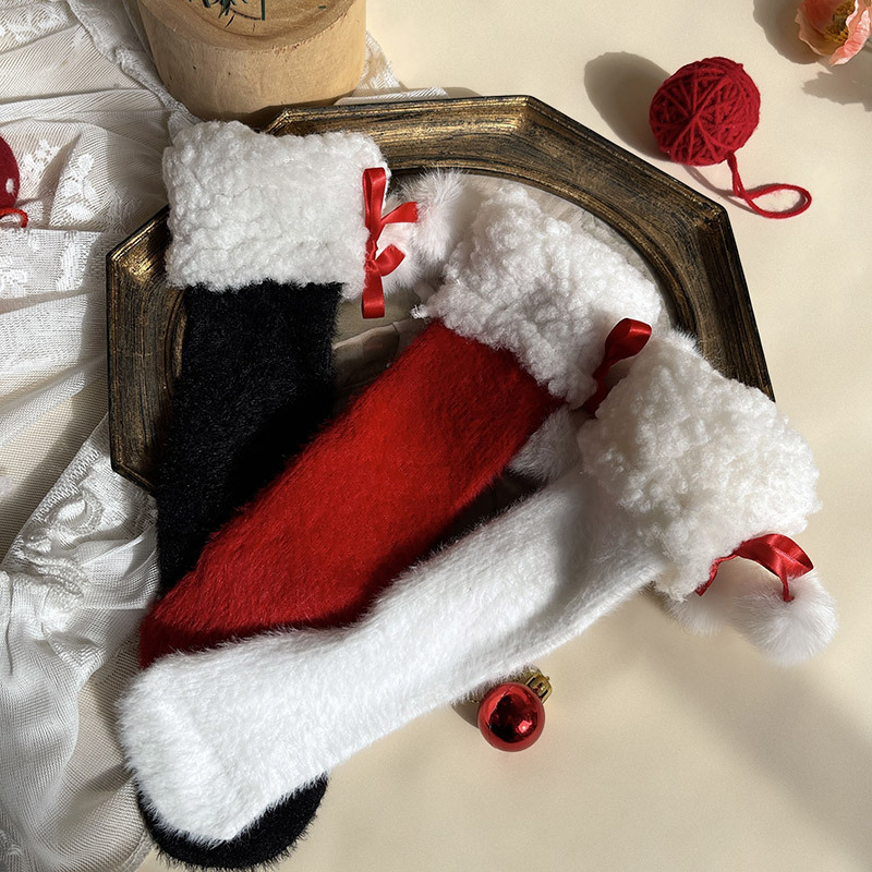 Girl Christmas Rabbit Fur Lace Pom-Pom Socks