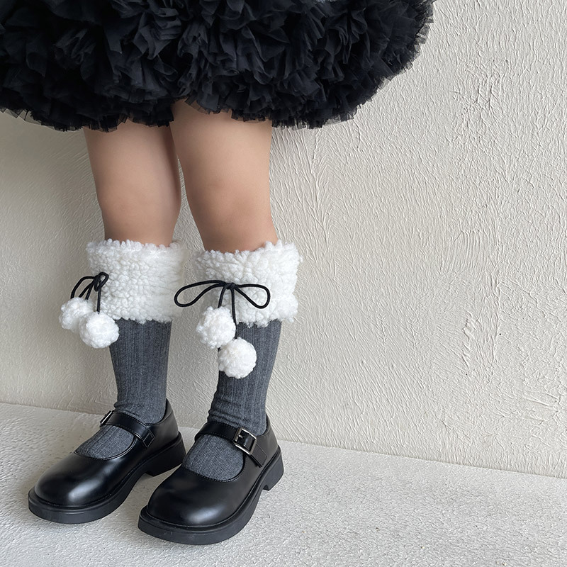 Girls' Lamb Wool Pom-Pom Mid-Calf Socks