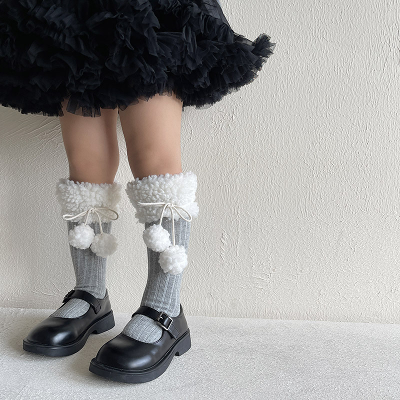 Girls' Lamb Wool Pom-Pom Mid-Calf Socks