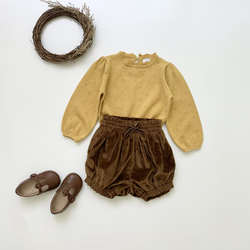 Girls' lantern sleeve hollow-out knitted sweater