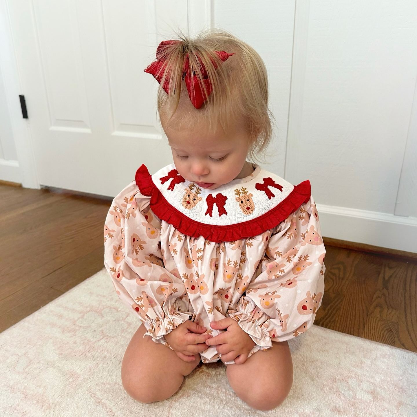 Baby Christmas Reindeer Smocked Romper