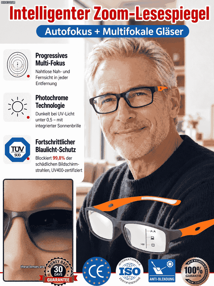 Selbsttönende, multifokale Lesebrille mit Blaulichtfilter – Für Nah- und Fernbereich