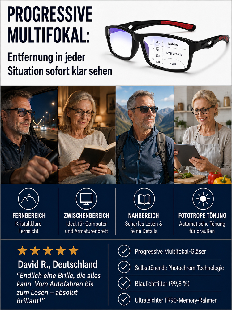 Selbsttönende, multifokale Lesebrille mit Blaulichtfilter – Für Nah- und Fernbereich