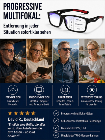 Selbsttönende, multifokale Lesebrille mit Blaulichtfilter – Für Nah- und Fernbereich