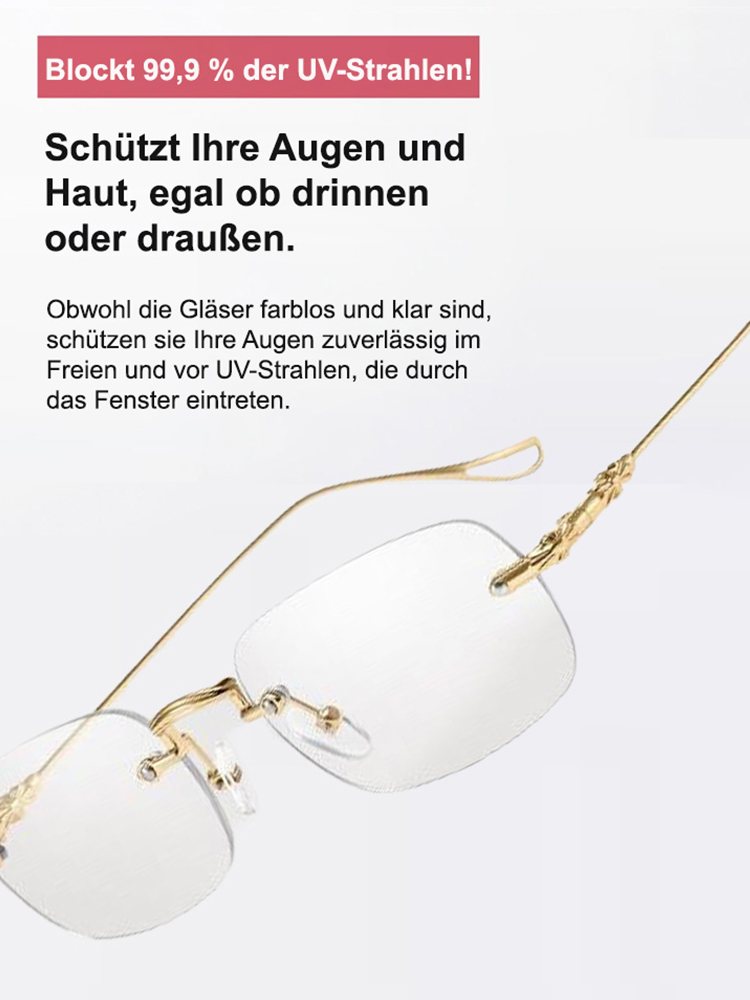 Fotosensible, farbwechselnde, ultraleichte randlose Lesebrille.