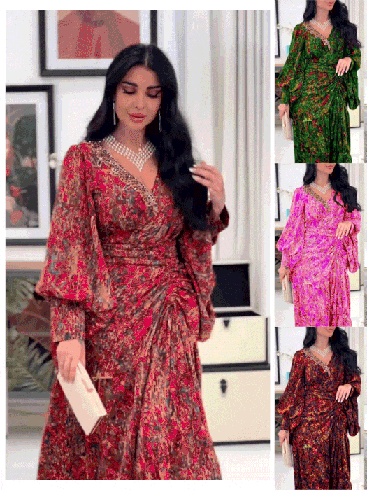 Ein elegantes Kleid, das mit Blumenmustern mit einem V -fälligen Kragen gekennzeichnet ist