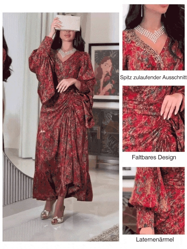 Ein elegantes Kleid, das mit Blumenmustern mit einem V -fälligen Kragen gekennzeichnet ist