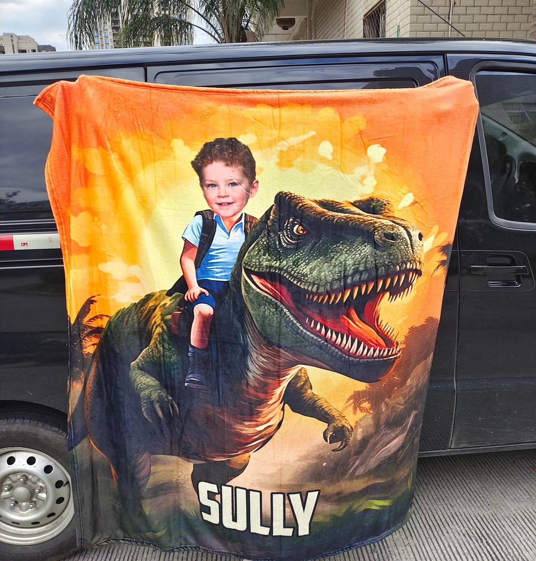Little Boy Riding Dinosaur - Personalized Kid Photo Blanket