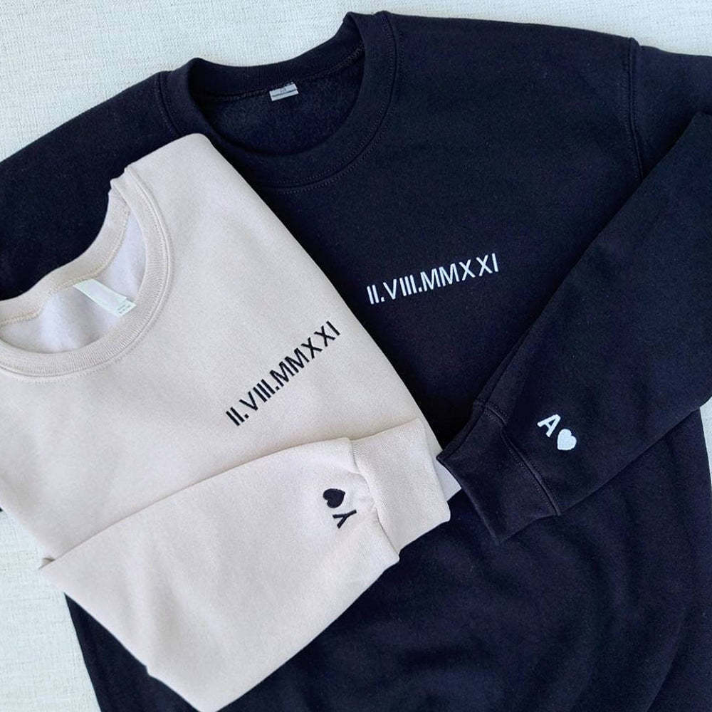Custom Embroidered Roman Numeral Date Couple's Sweatshirt
