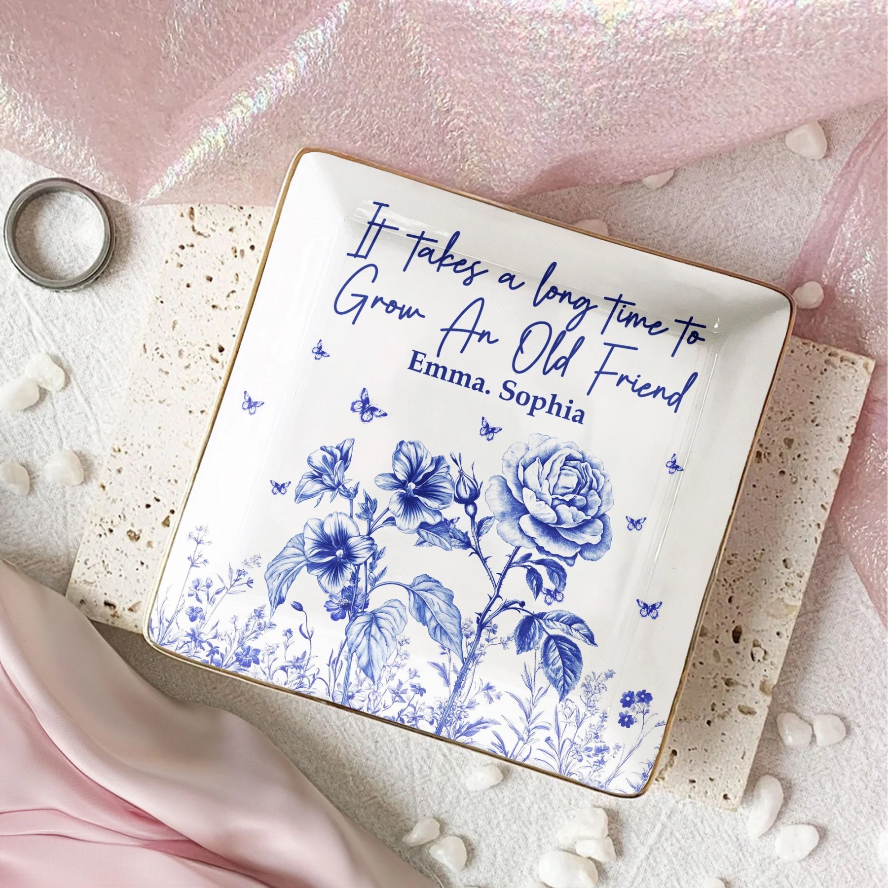 It Takes A Long Time To Grow An Old Friend Toile De Jouy Style - Personalized Jewelry Dish